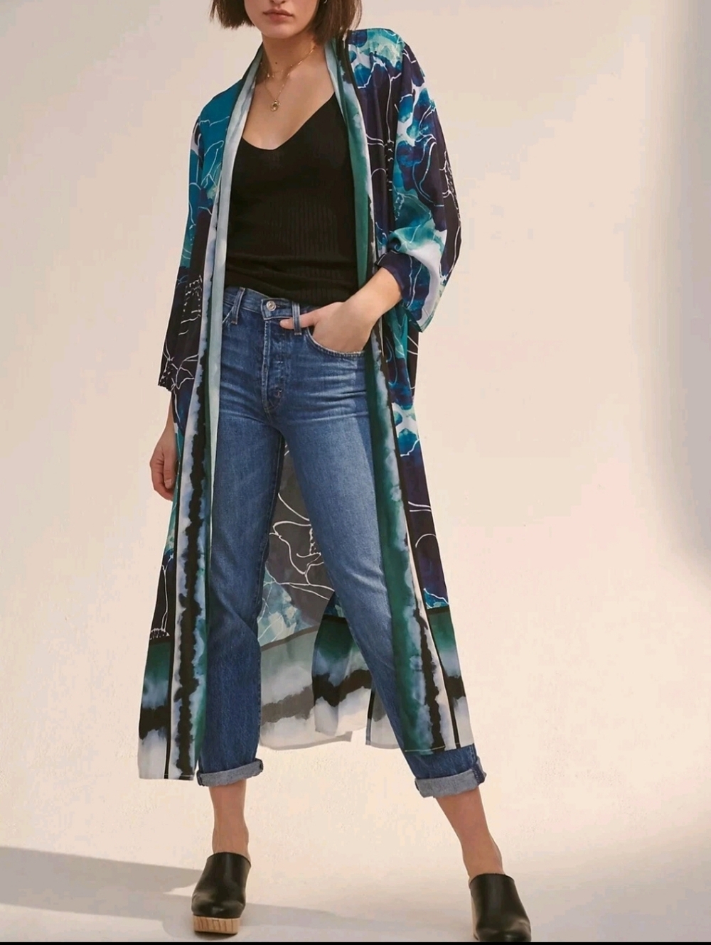 Anthropologie Blank London Rubina Long Duster Kimono One Size Dark Floral